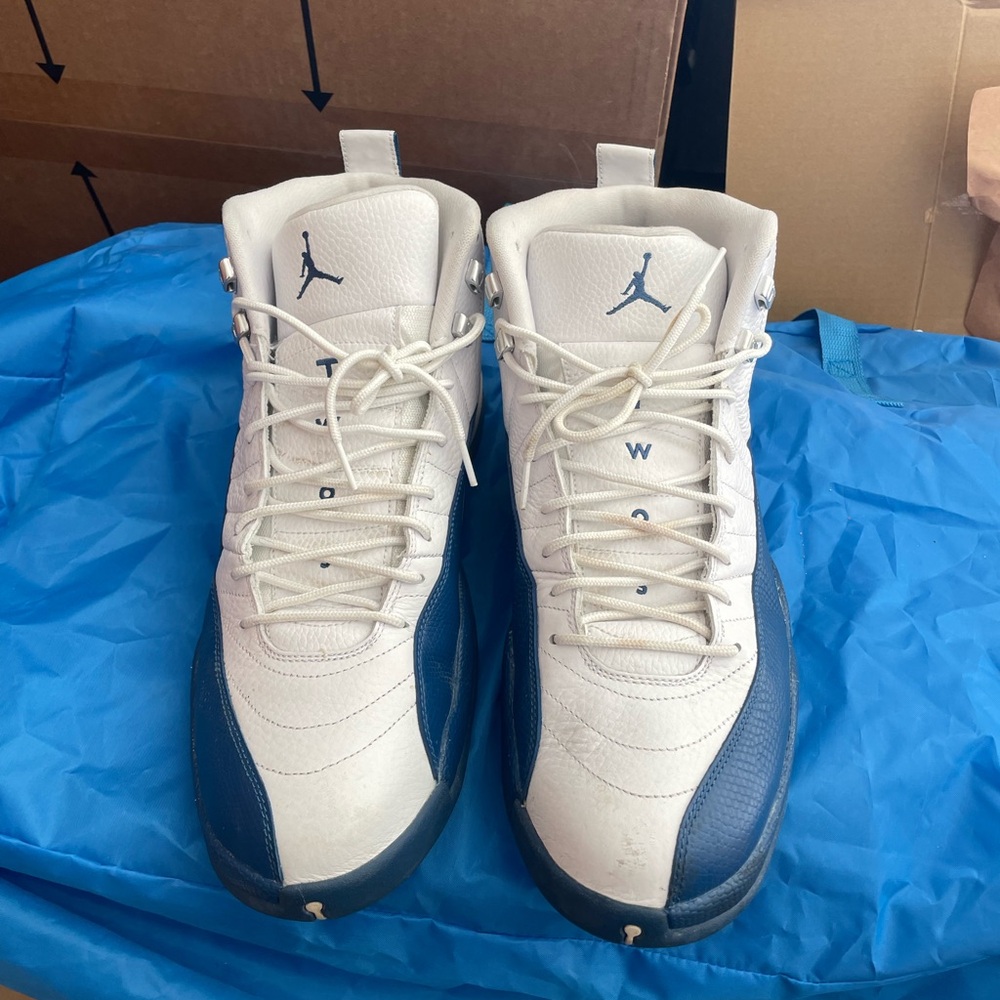 Jordan 12 Retro White and Blue Sneakers, Mens Size 15